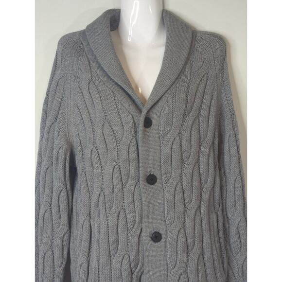 Theory Gray Merino Wool Cable Knit Shawl Knit Button Cardigan Sweater Women's M - Picture 3 of 10